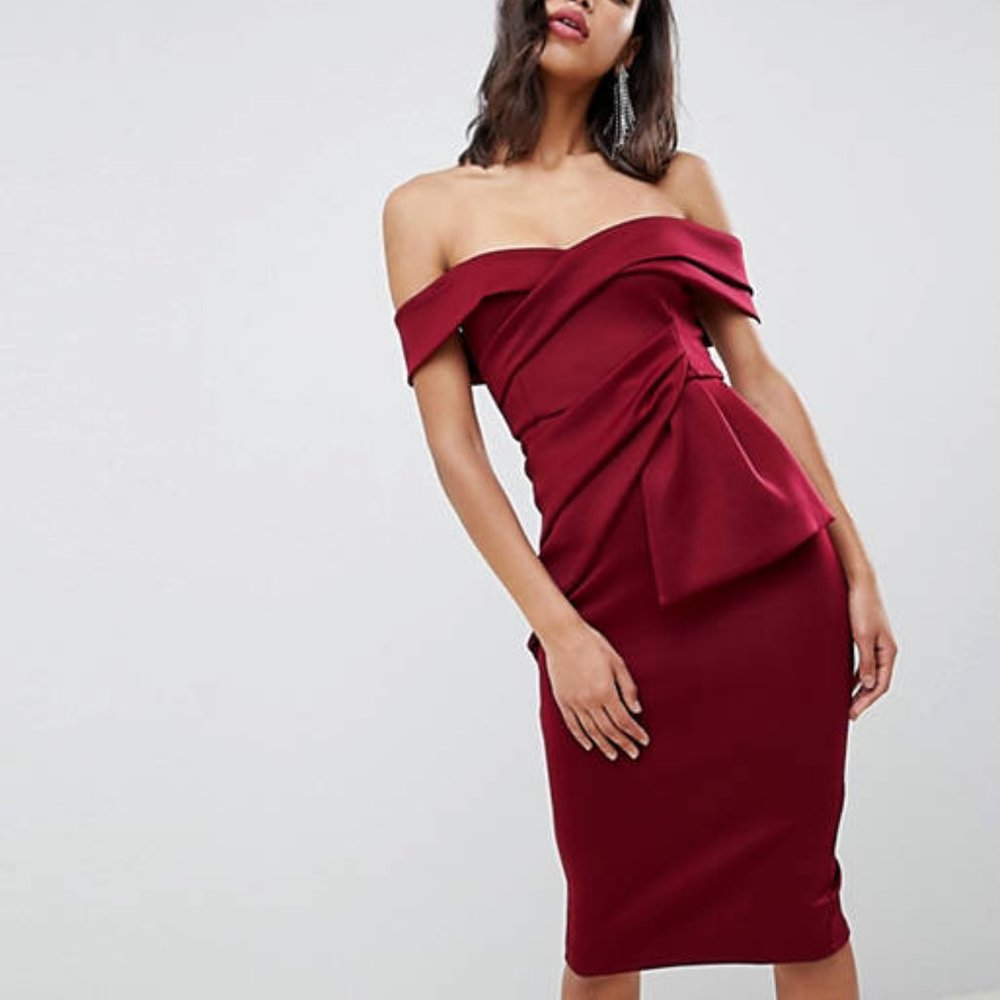 Bardot Fold Wrap Front Midi Pencil Dress